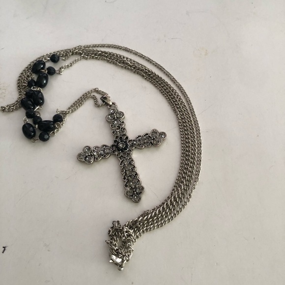 Silver Cross Pendant Necklace with Black Beads - Picture 4 of 9